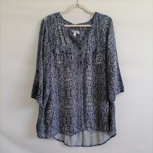 Dressbarn Womens Blue Roll Tab Sleeve Preppy Paisley Print Blouse Top Size 3X